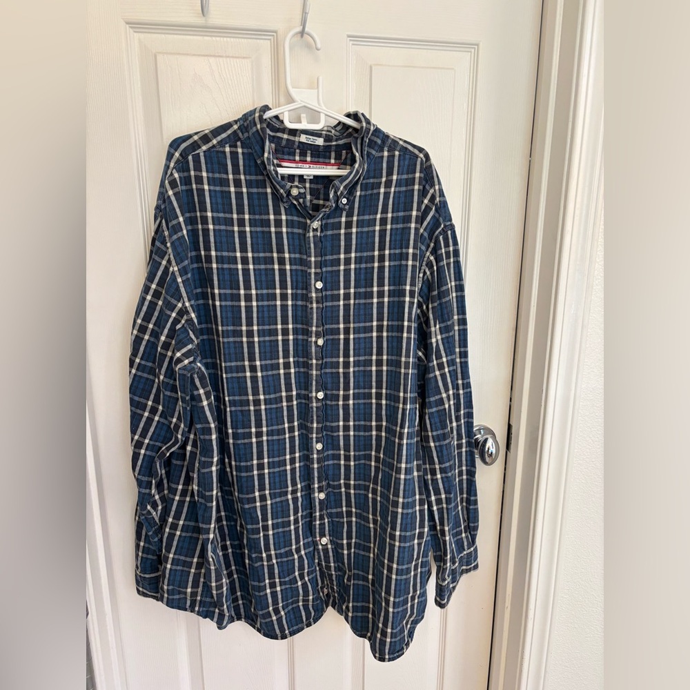 Tommy Hilfiger Navy and White Plaid Button-Down Shirt Size 3XL